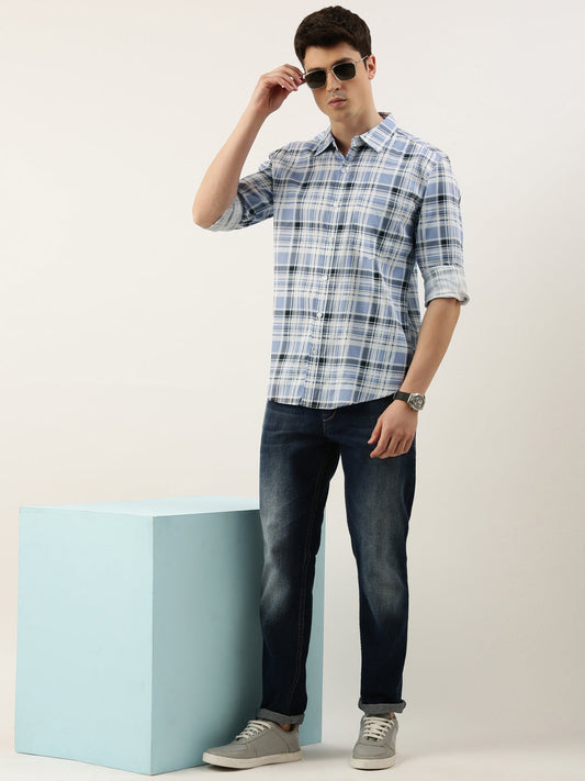 Men Blue Checked Pure Cotton Full Sleeve Casual Shirt