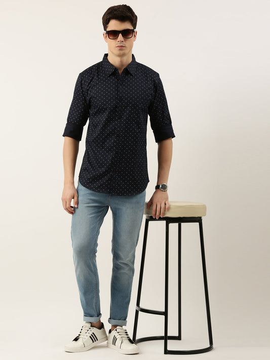 Men Navy Blue Printed Pure Cotton Full Sleeve Casual Shirt