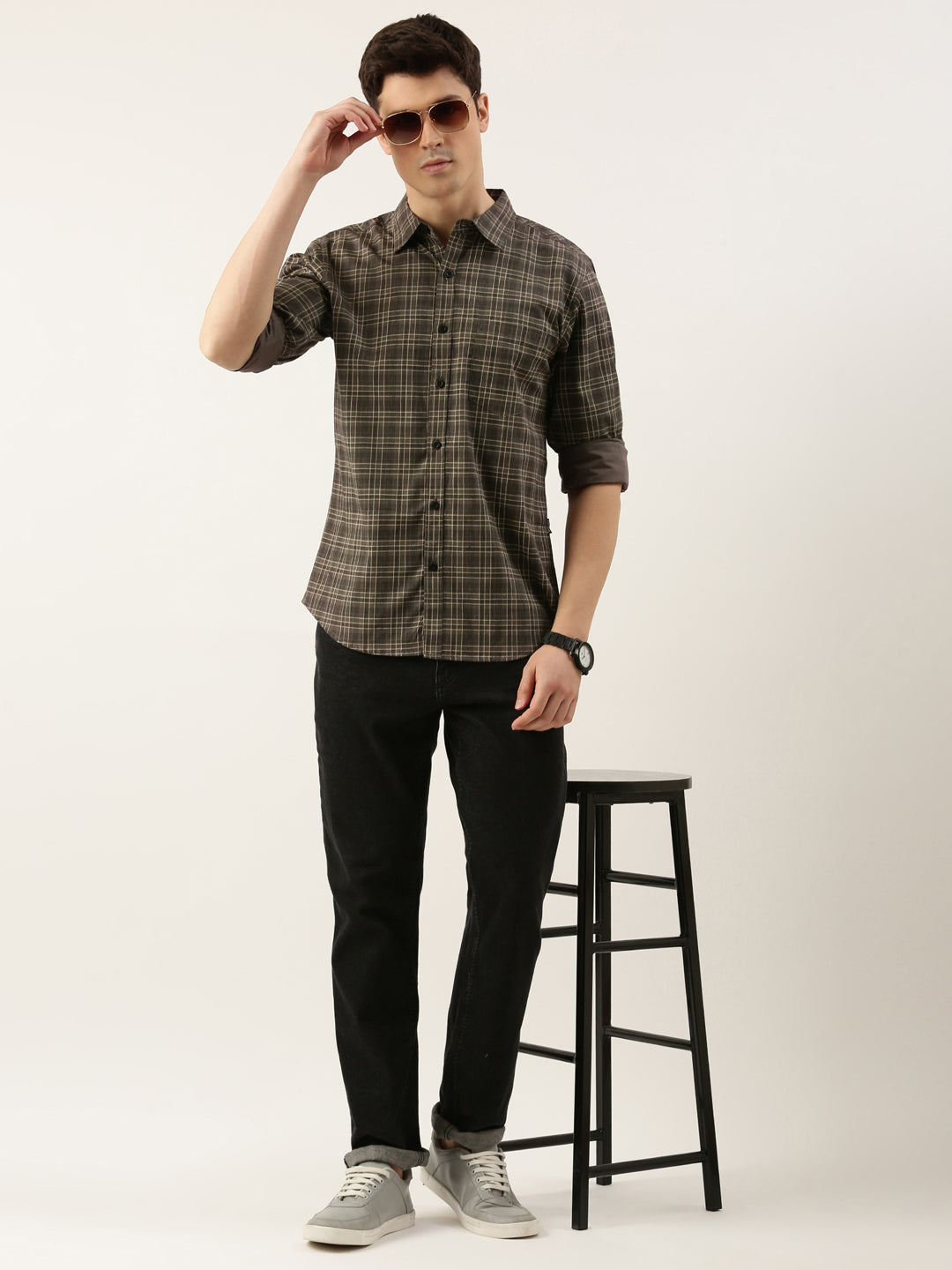 Men Dark Grey Checked Pure Cotton Full Sleeve Casual Shirt