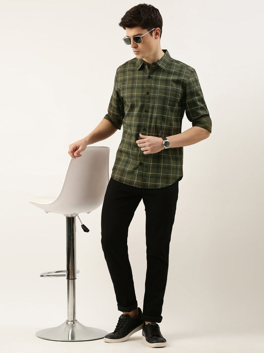 Men Olive Green Checked Pure Cotton Full Sleeve Casual Shirt