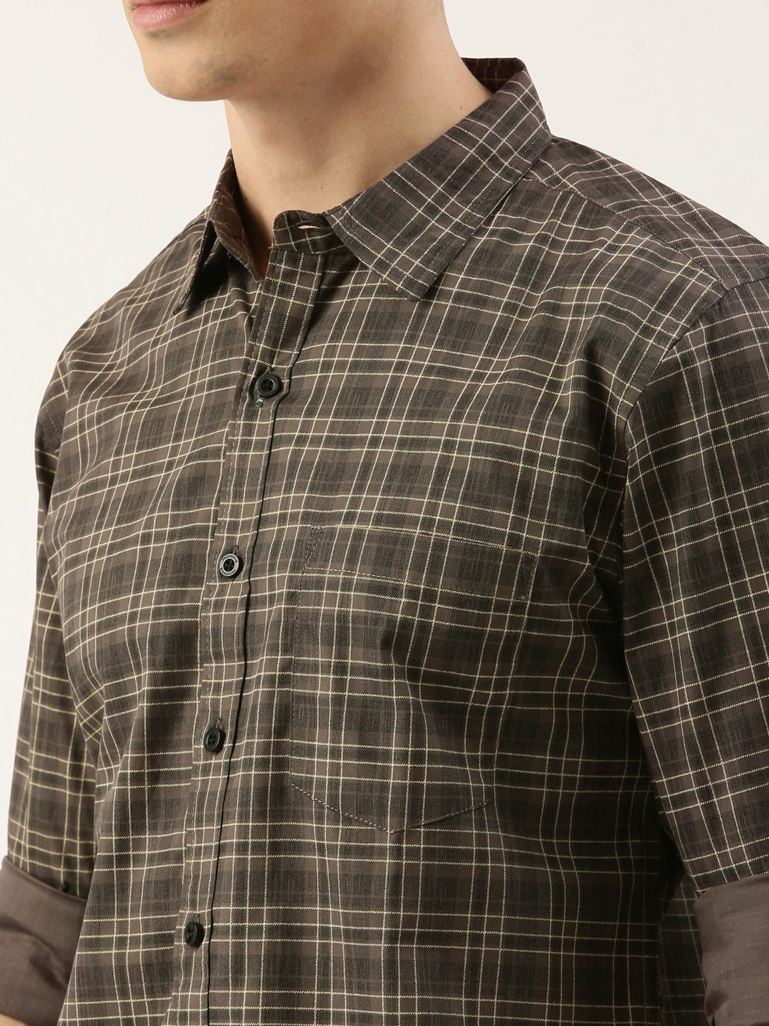 Men Dark Grey Checked Pure Cotton Full Sleeve Casual Shirt