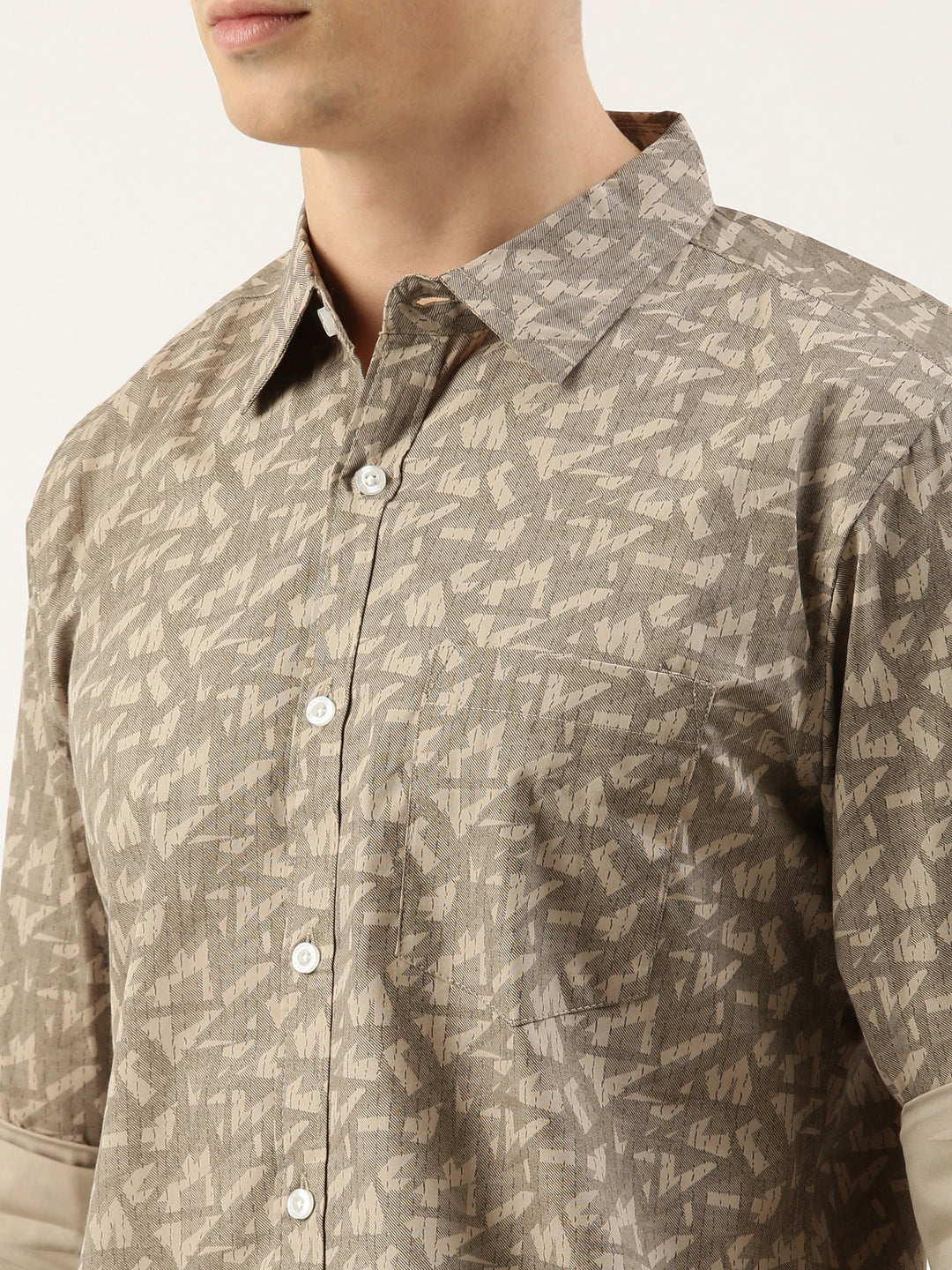 Men Beige Printed Pure Cotton Full Sleeve Casual Shirt