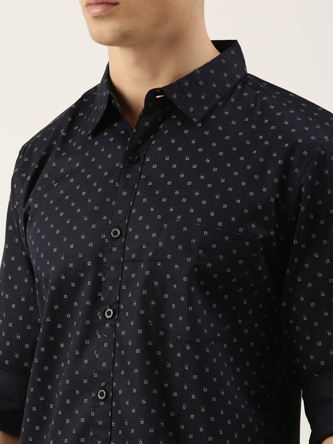 Men Navy Blue Printed Pure Cotton Full Sleeve Casual Shirt