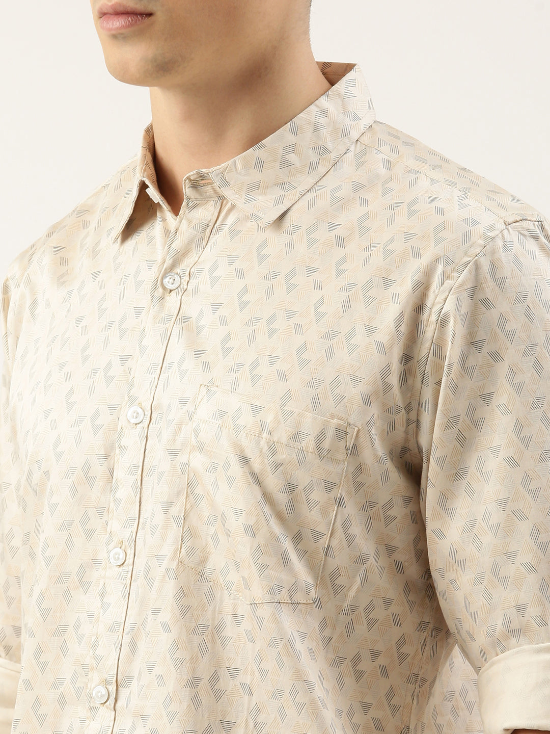 Men Beige Printed Pure Cotton Full Sleeve Casual Shirt