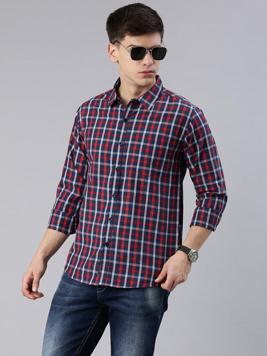 Men Navy Blue Checked Cotton Blend Casual Full Sleeve Shirt