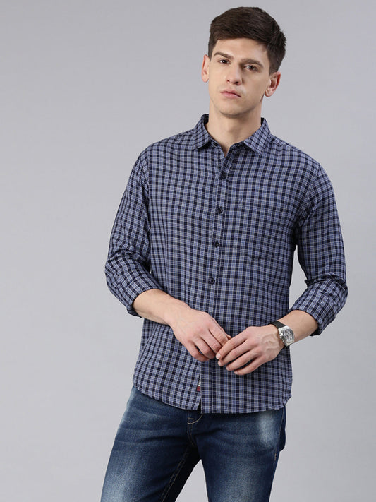 Men Grey and Navy Blue Checked Cotton Blend Casual Full Sleeve Shirt