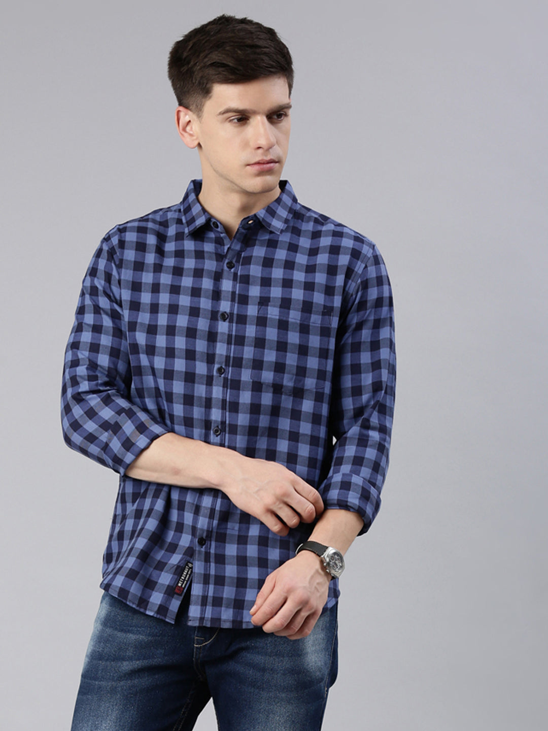 Men Navy Blue and Lavender Checked Cotton Blend Casual Full Sleeve Shirt
