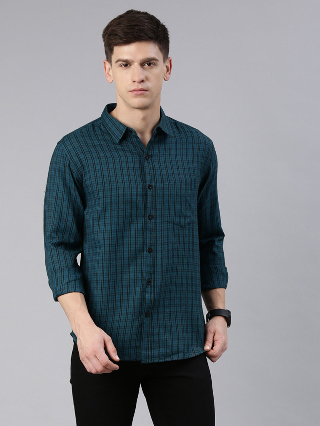 Men Dark Green Checked Cotton Blend Casual Full Sleeve Shirt