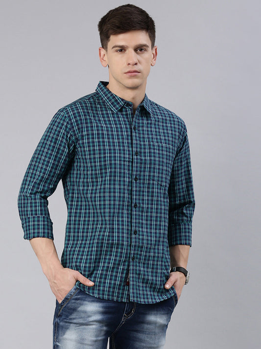 Men Green Checked Cotton Blend Casual Full Sleeve Shirt