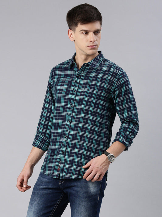 Men Navy Blue Checked Cotton Blend Casual Full Sleeve Shirt