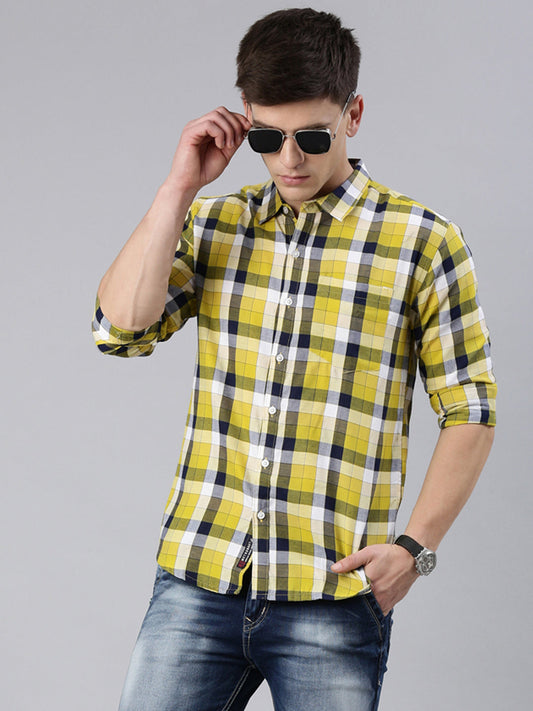 Men Yellow Checked Cotton Blend Casual Full Sleeve Shirt