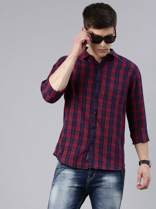 Men Red and Navy Blue Checked Cotton Blend Casual Full Sleeve Shirt