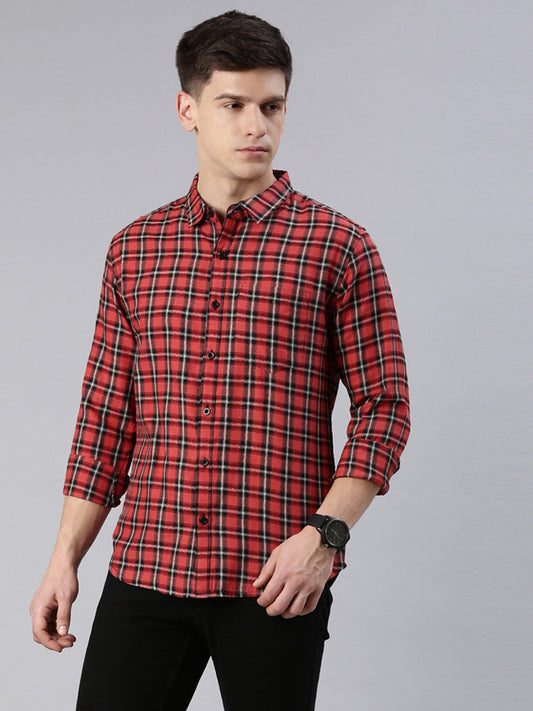 Men Orange Checked Cotton Blend Casual Full Sleeve Shirt