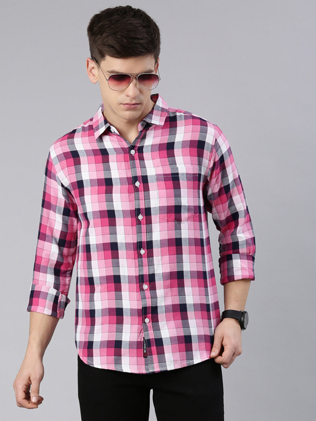 Men Pink and White Checked Cotton Blend Casual Full Sleeve Shirt
