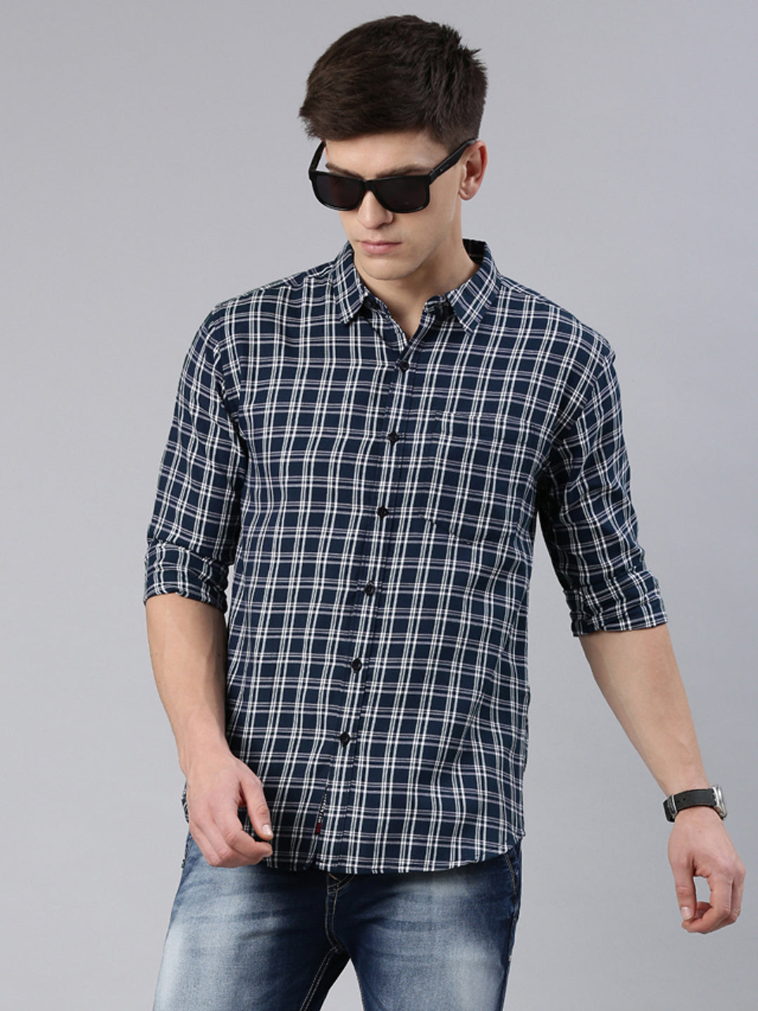 Men Dark Blue Checked Cotton Blend Casual Full Sleeve Shirt