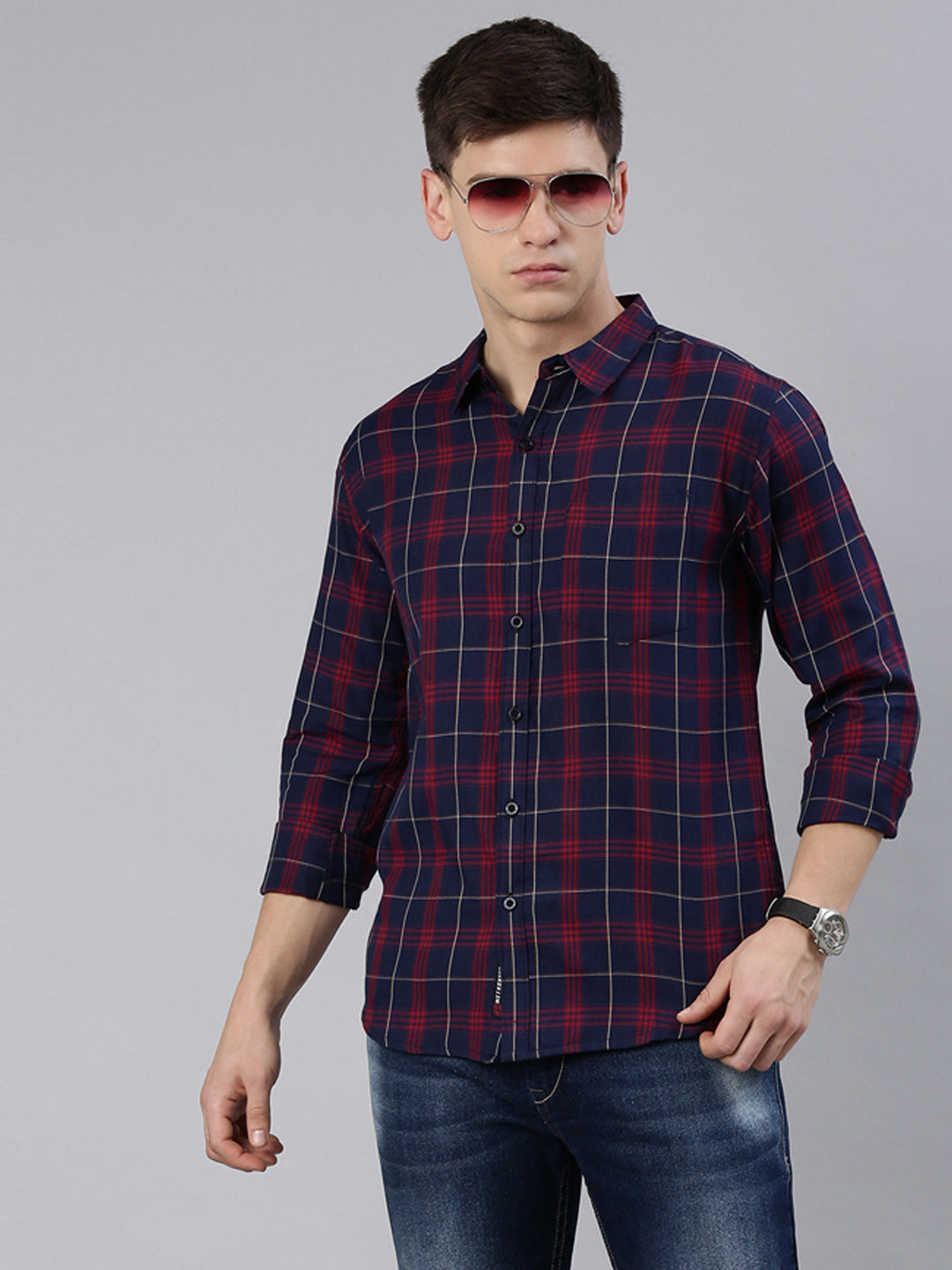 Men Navy Blue and Red Checked Cotton Blend Casual Full Sleeve Shirt