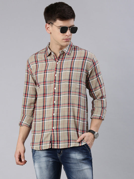 Men Beige Checked Cotton Blend Casual Full Sleeve Shirt