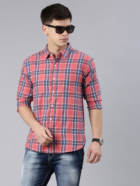 Men Navy and Red Checked Cotton Blend Casual Full Sleeve Shirt