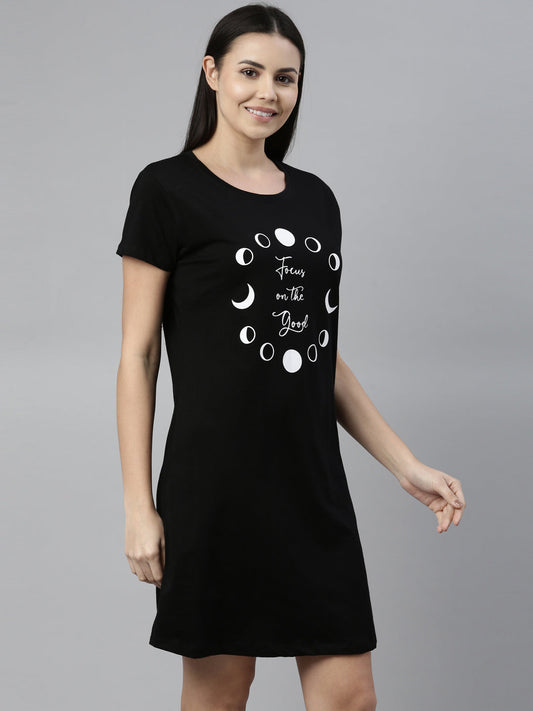 CURARE Women Printed Round Neck Black LongTees