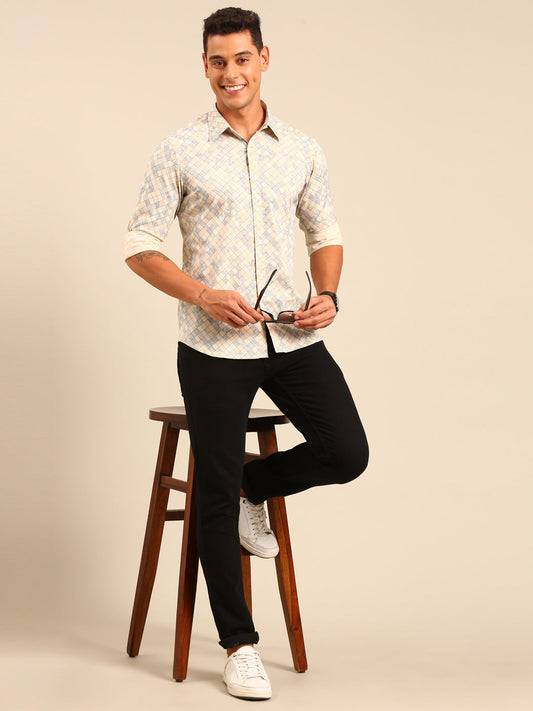 JOVEN Men Beige Printed Casual Full Sleeve Lycra Shirt ( No Returns )