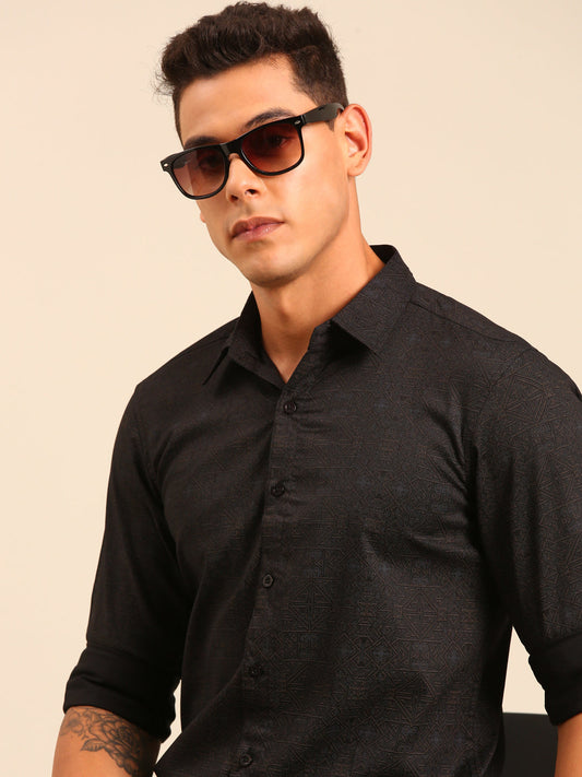 JOVEN Men Black Printed Casual Full Sleeve Lycra Shirt ( No Returns )