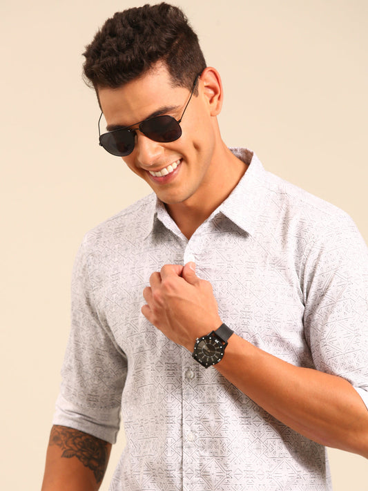 JOVEN Men White Printed Casual Full Sleeve Lycra Shirt ( No Returns )