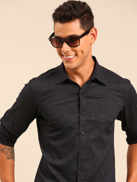 JOVEN Men Navy Blue Printed Casual Full Sleeve Lycra Shirt ( No Returns )