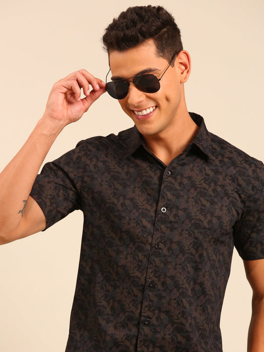 JOVEN Men Black and Brown Printed Casual Lycra Shirt ( No Returns )