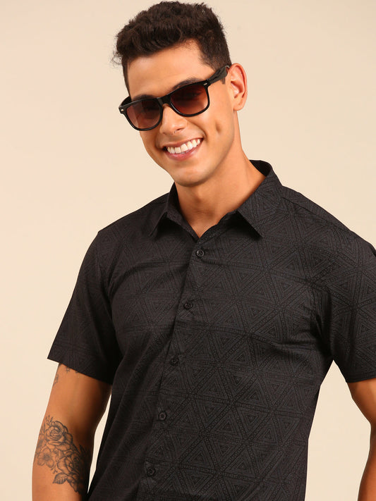 JOVEN Men Black Printed Casual Lycra Shirt ( No Returns )
