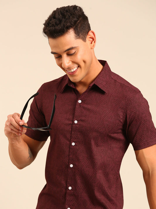 JOVEN Men Maroon Printed Casual Lycra Shirt ( No Returns )