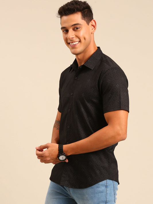 JOVEN Men Black Printed Casual Lycra Shirt ( No Returns )