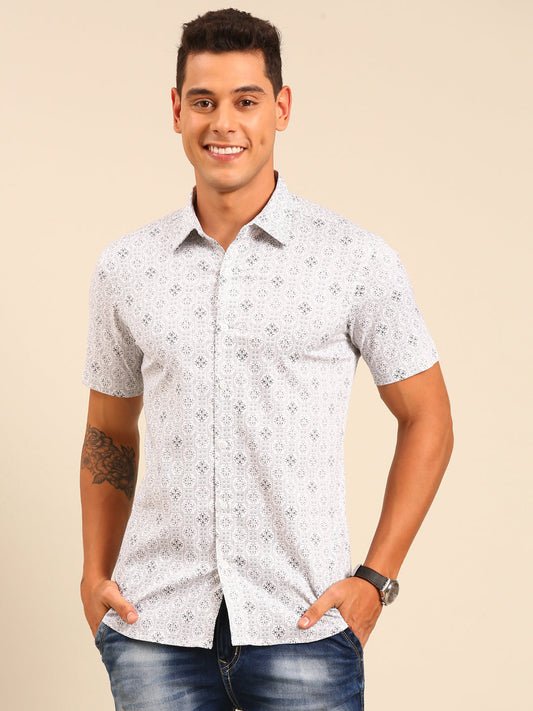 JOVEN Men White and Black Printed Casual Lycra Shirt ( No Returns )