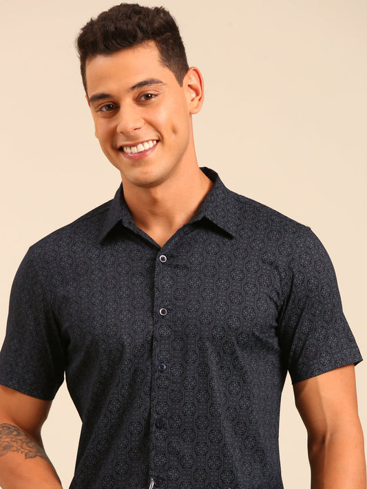 JOVEN Men Navy Blue Printed Casual Lycra Shirt ( No Returns )