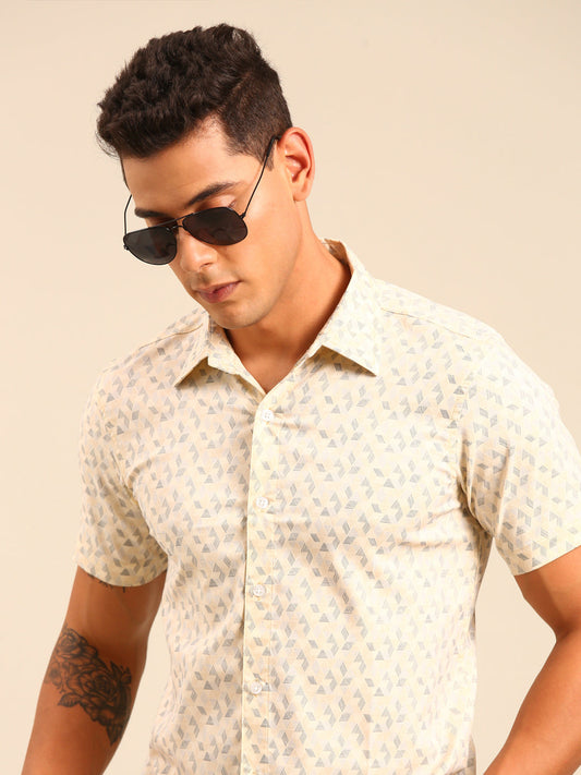 JOVEN Men Beige Printed Casual Lycra Shirt ( No Returns )