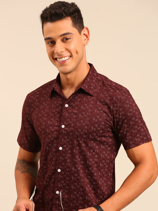 JOVEN Men Maroon Printed Casual Lycra Shirt ( No Returns )