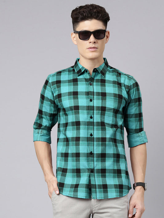 Men Teal Green And Black Checkered Pure Cotton Full Sleeve Casual Shirt