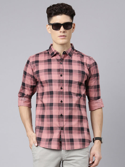 Men Pink And Black Checkered Pure Cotton Full Sleeve Casual Shirt