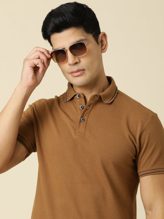 Men Solid Polo Neck Camel T-Shirt