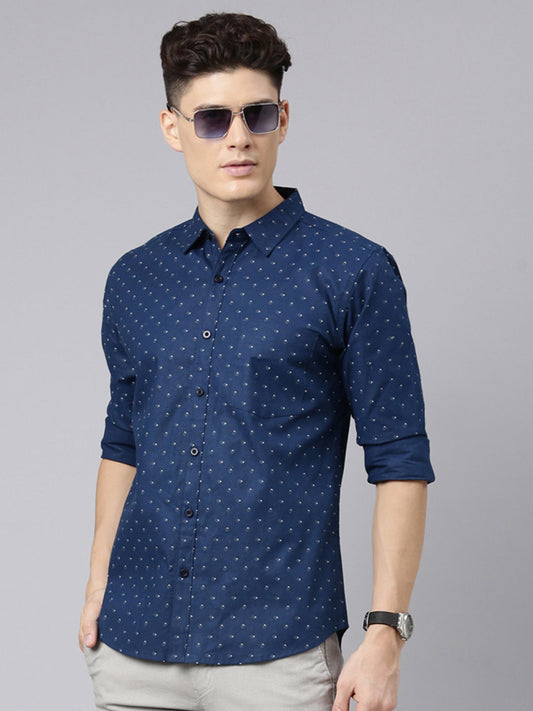 Men Dark Blue Printed Pure Cotton Full Sleeve Casual Shirt