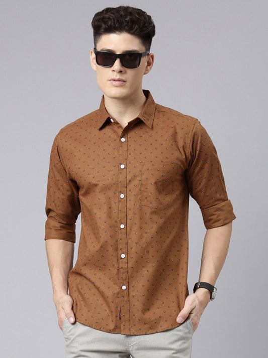 Men Brown Printed Pure Cotton Full Sleeve Casual Shirt