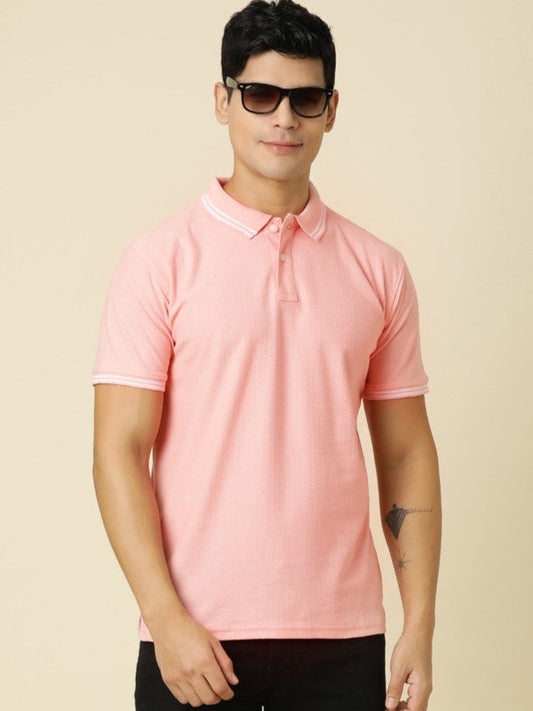 Men Solid Polo Neck Soft Pink T-Shirt