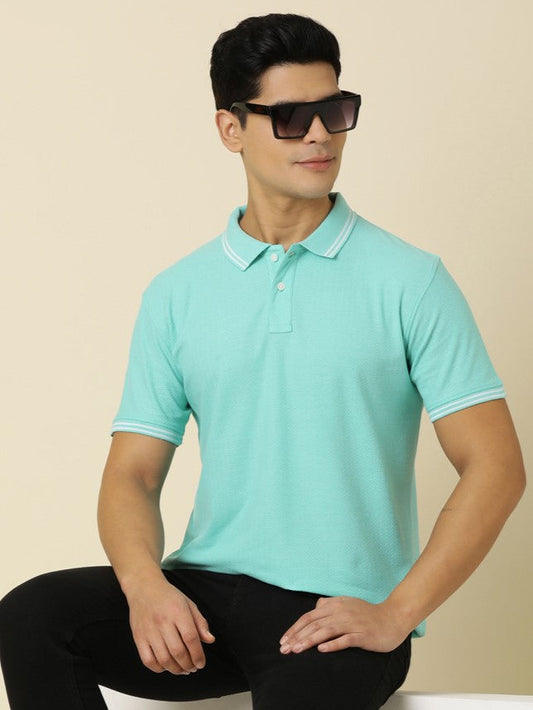 Men Solid Polo Neck Aqua Green T-Shirt