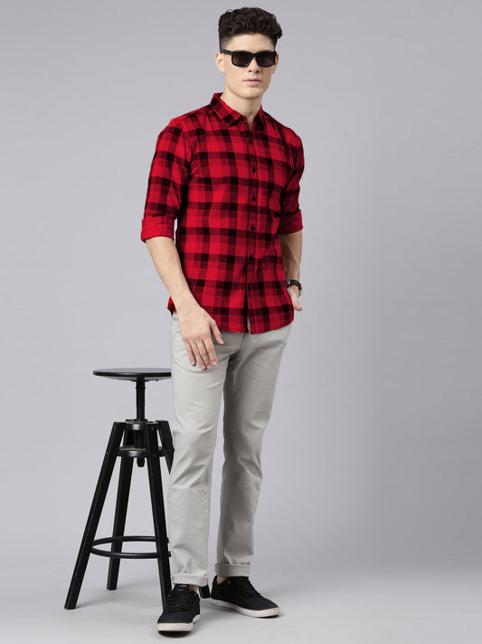 Men Red And Black Checkered Pure Cotton Full Sleeve Casual Shirt