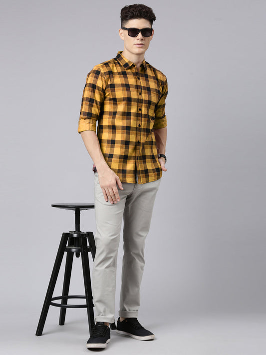Men Mustard And Black Checkered Pure Cotton Full Sleeve Casual Shirt