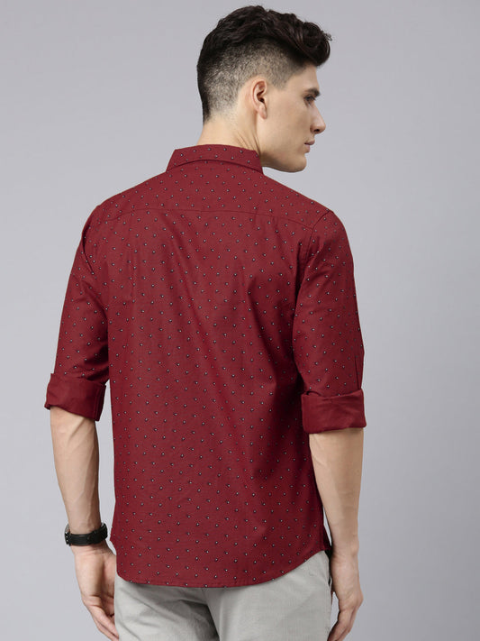 Men Maroon Printed Pure Cotton Full Sleeve Casual Shirt