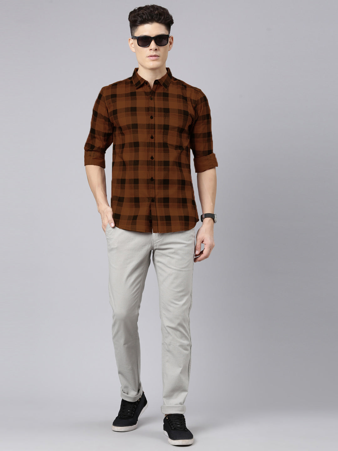 Men Brown And Black Checkered Pure Cotton Full Sleeve Casual Shirt