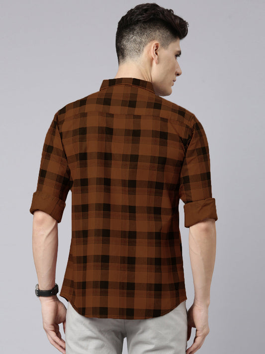 Men Brown And Black Checkered Pure Cotton Full Sleeve Casual Shirt