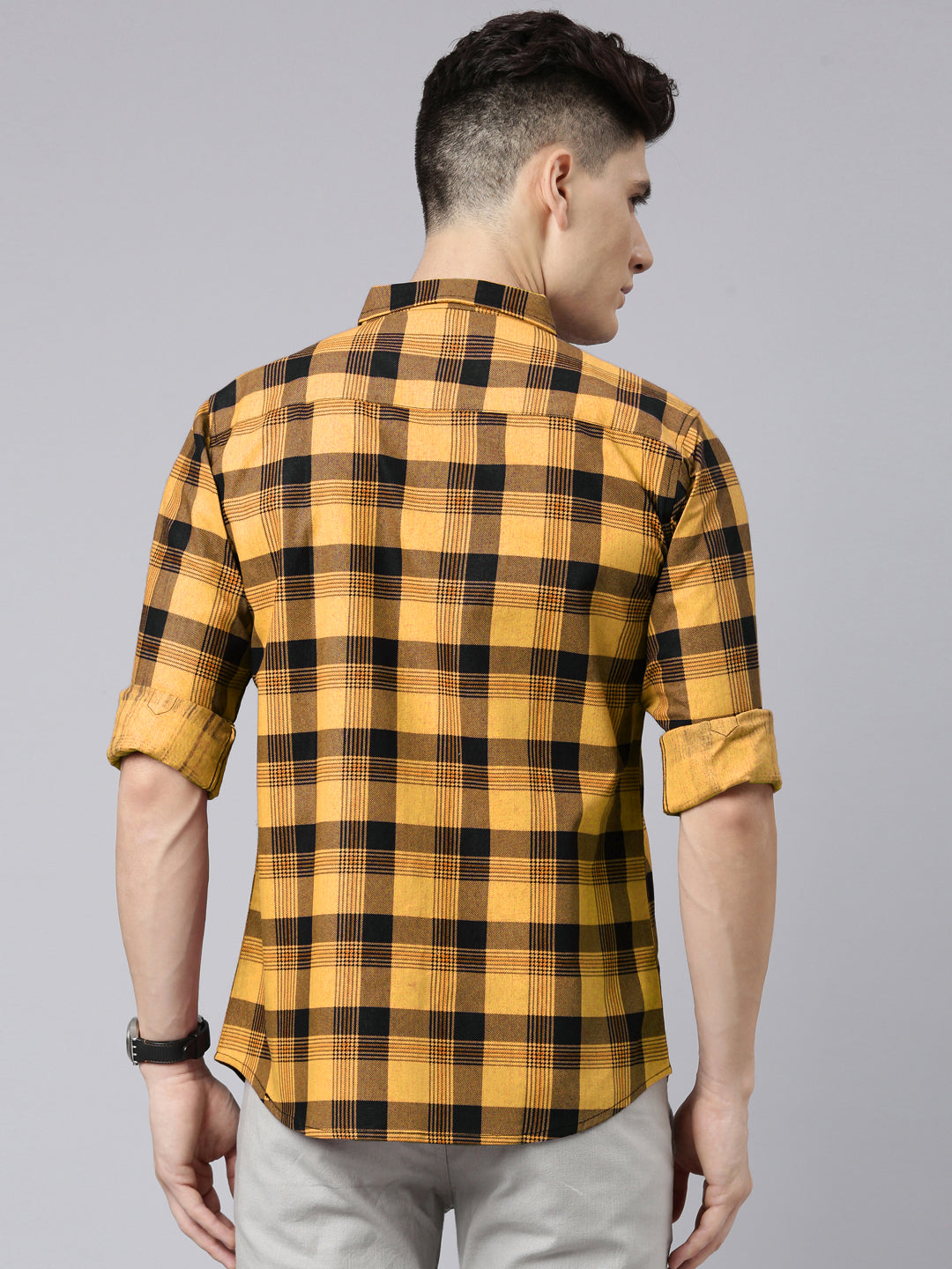 Men Mustard And Black Checkered Pure Cotton Full Sleeve Casual Shirt