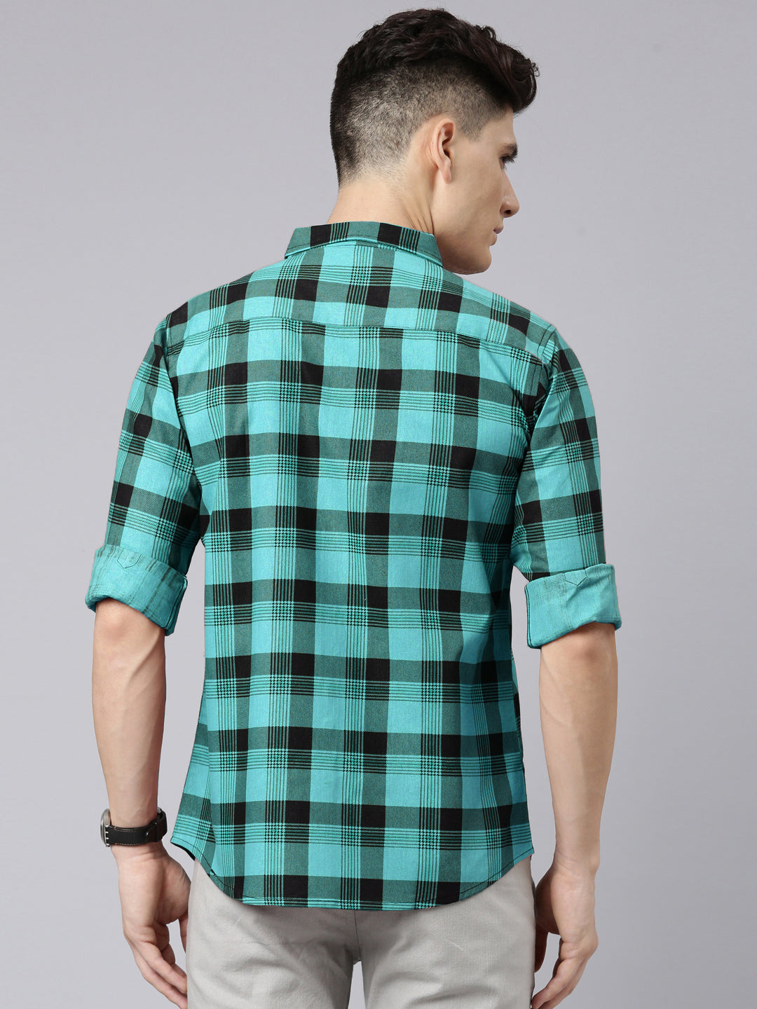 Men Teal Green And Black Checkered Pure Cotton Full Sleeve Casual Shirt