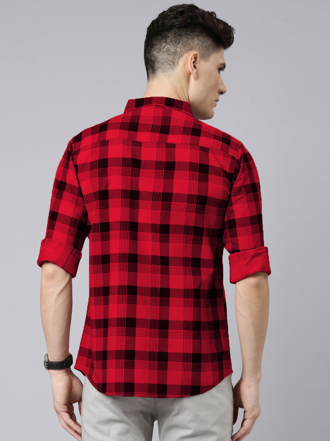 Men Red And Black Checkered Pure Cotton Full Sleeve Casual Shirt